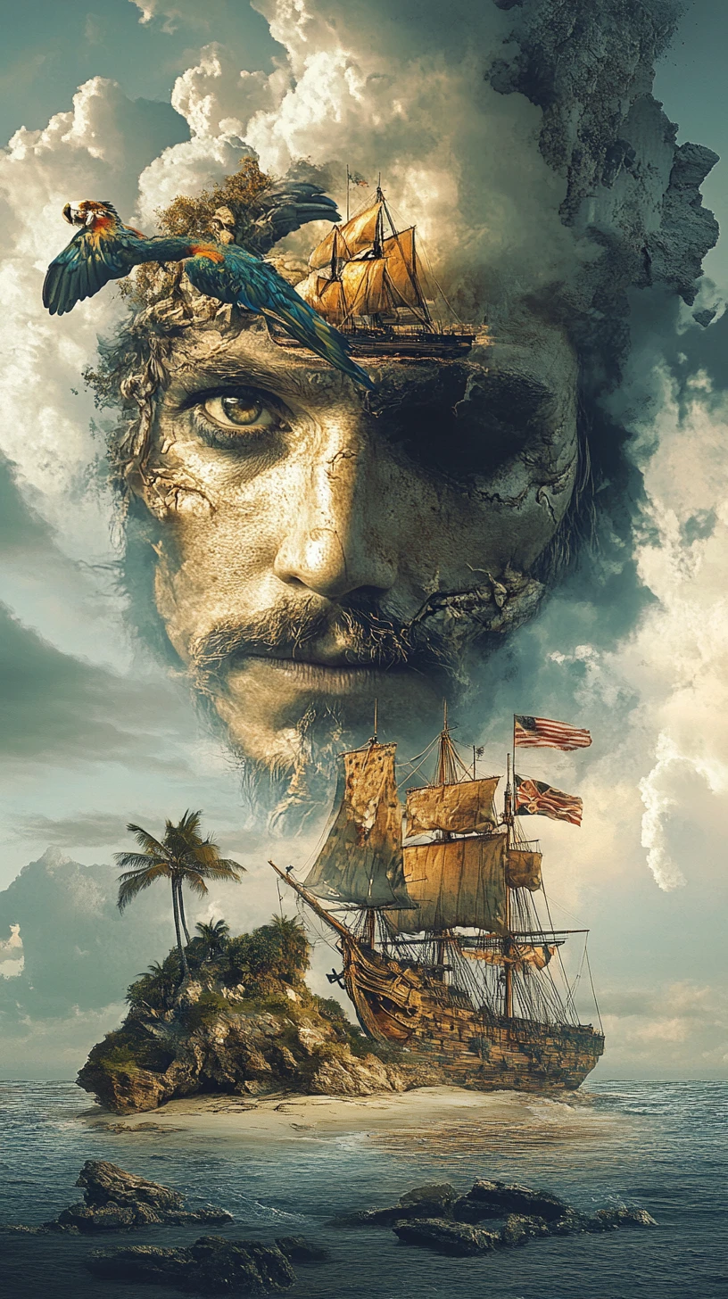 Pirate contemplatif fusionné avec perroquet et navire lointain