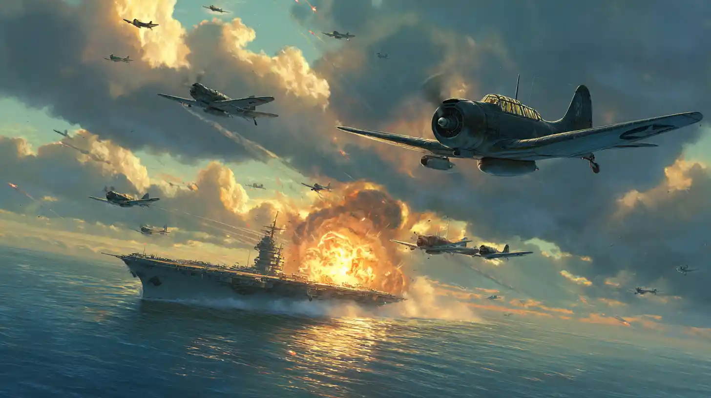 Dive bombers strike a Japanese carrier in fiery ocean battle