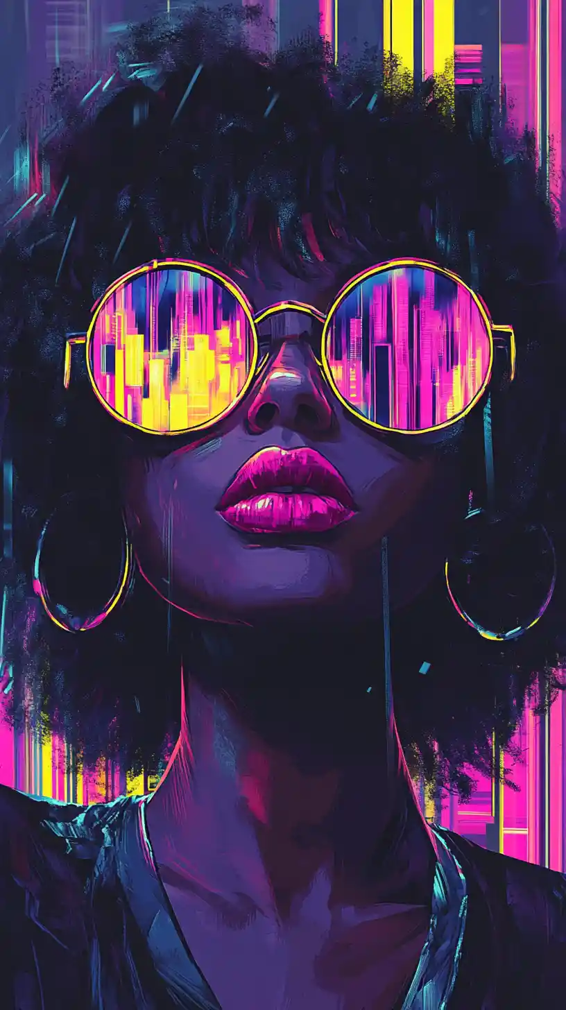 Donna dai capelli al neon con riflessi di una città futuristica