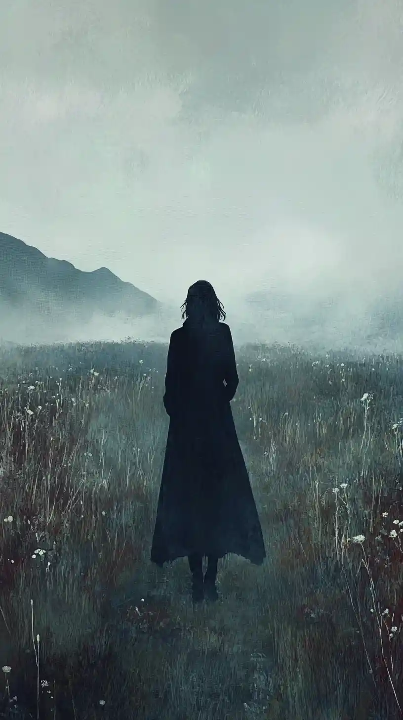 Lonely girl walking a misty path through an overgrown field