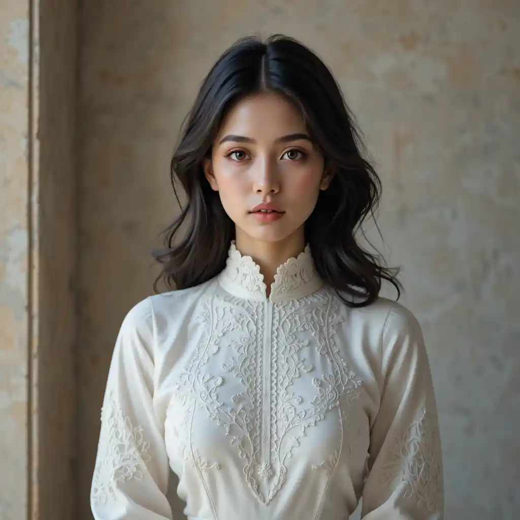 Young woman in lace blouse against softly blurred wall