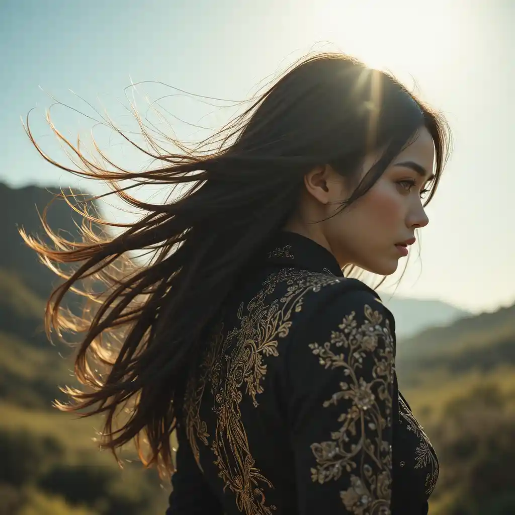 Elegant woman in ornate coat with sunlit rim light