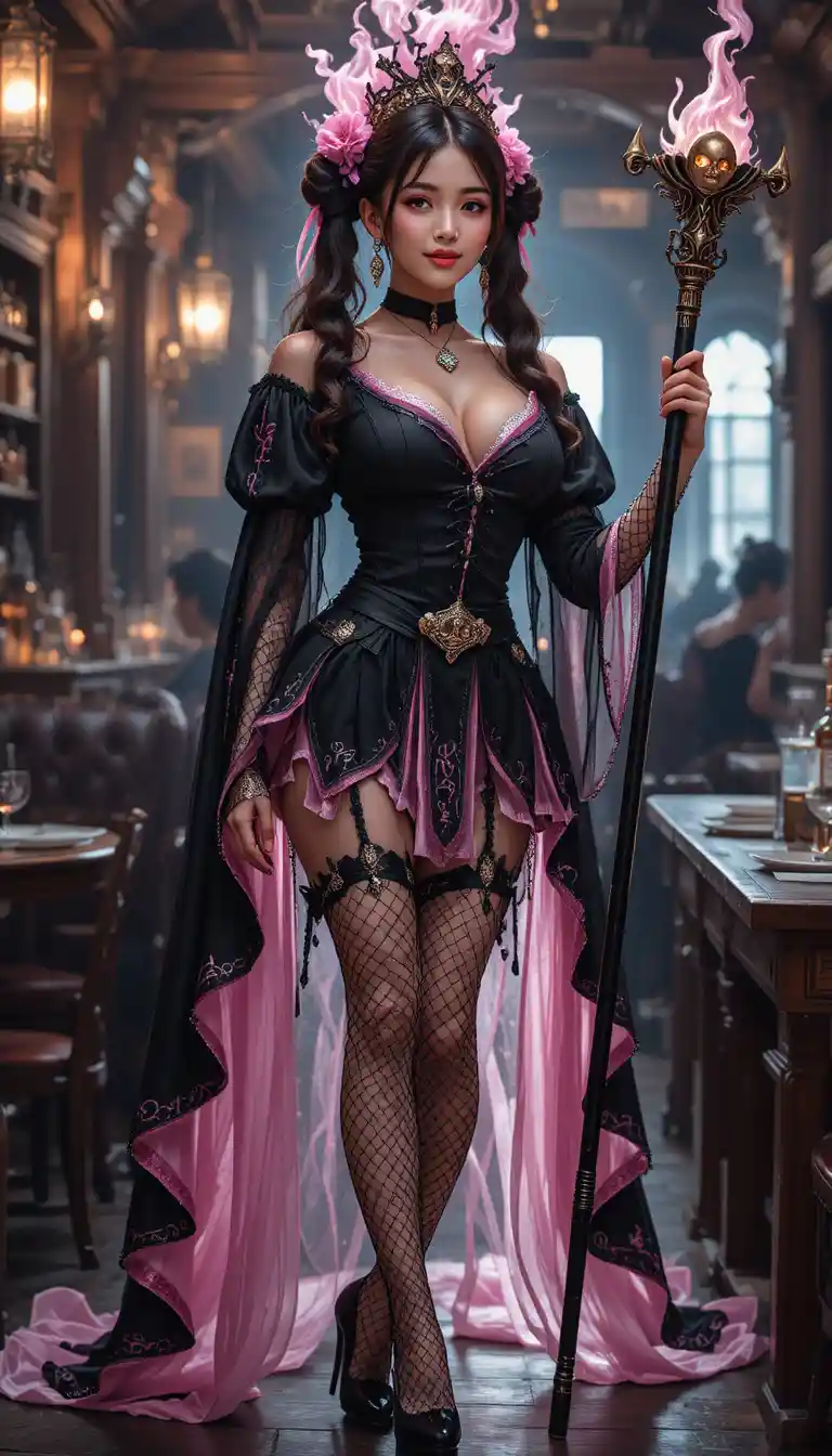 Sorcière coréenne en tenue noire et rose dans une taverne