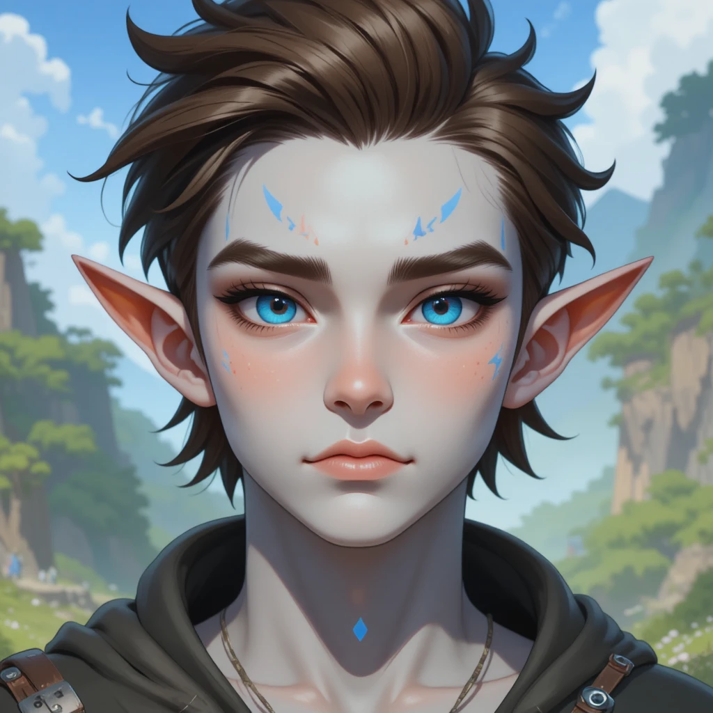 Jovem homem de fantasia com olhos azul-marinho e chifres