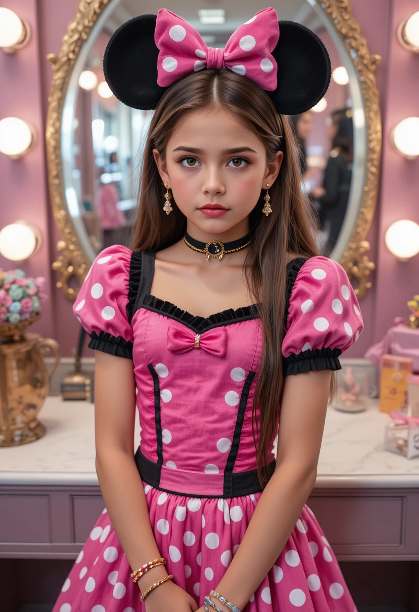 Anxious tween boy dressed as Minnie Mouse in boutique
