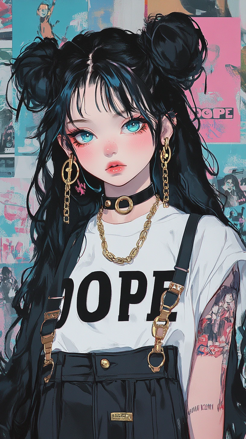 Cute anime girl in punk overalls with poster collage