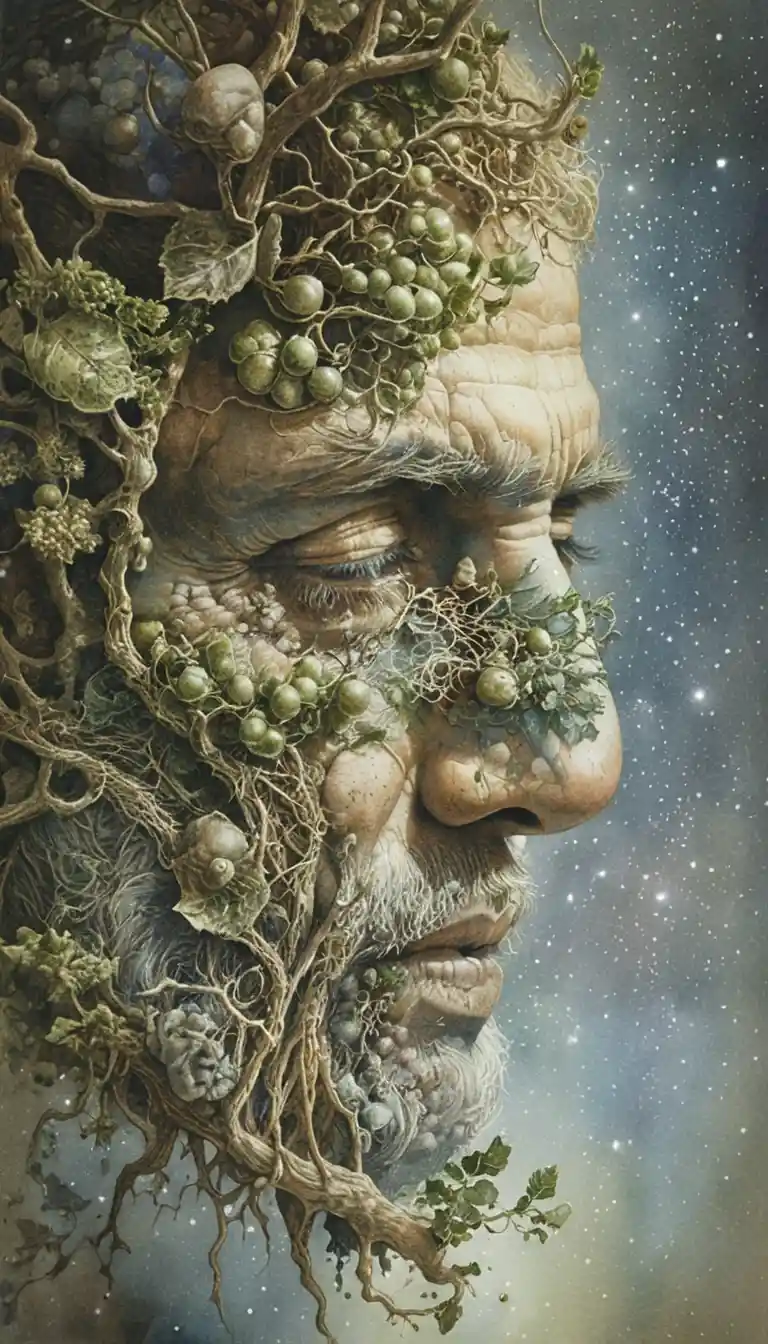 超現實的老年男子側臉與茂盛綠色常春藤交纏