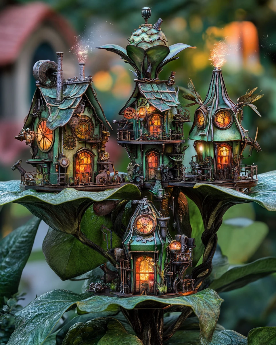 Steampunk villages nestled among colossal glowing garden flowers