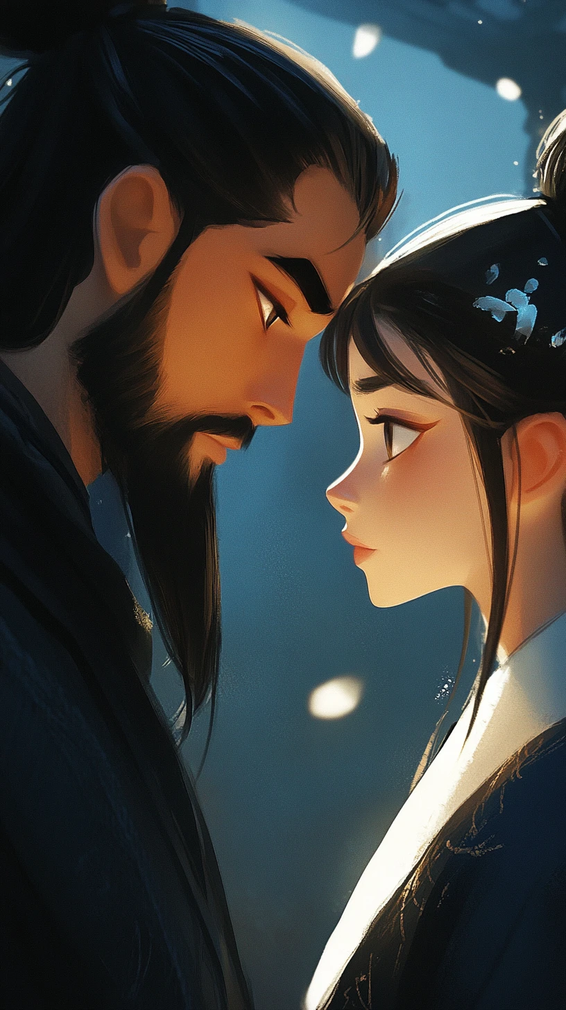 Intimate couple in dramatic light disney style portrait