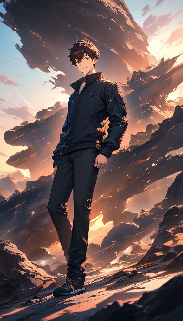 Jovem confiante em estilo anime ao pôr do sol