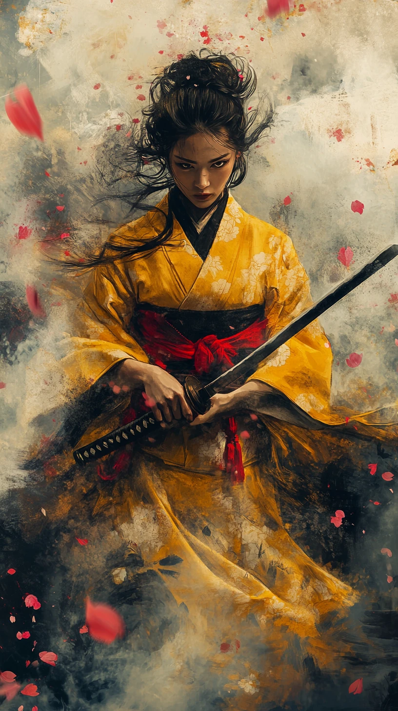 Stoic female samurai in smoke and falling blossoms