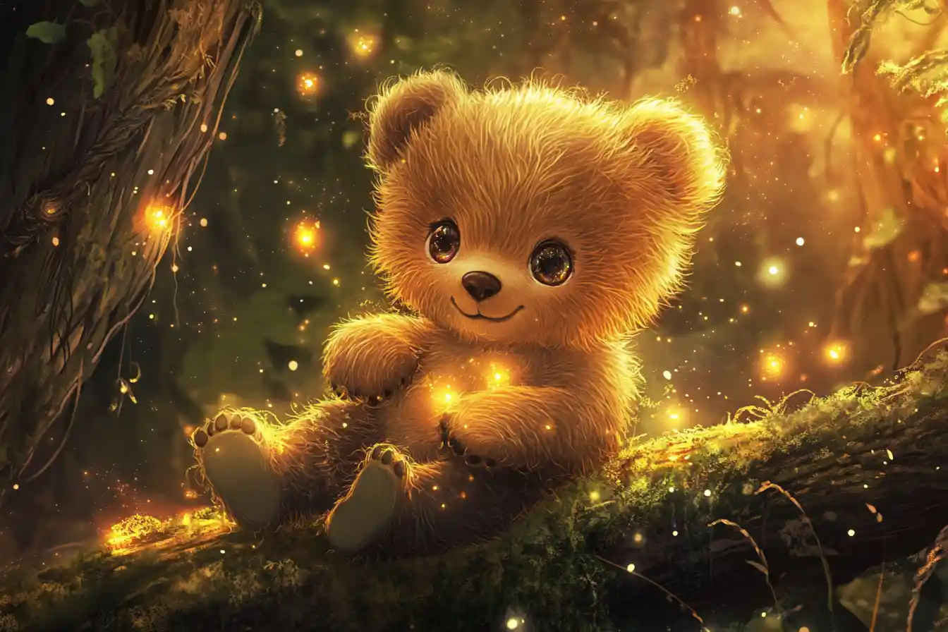 Filhote de urso fofo em tronco brilhante na floresta encantada
