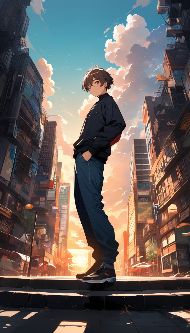 Homem de anime atlético em pé na luz quente do pôr do sol