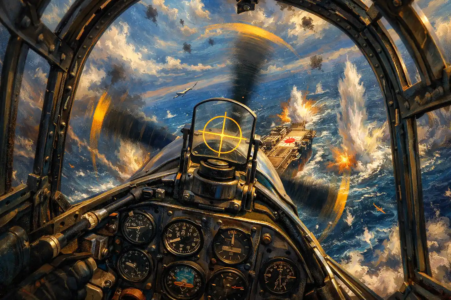 Dauntless-Cockpit im Sturzflug auf einen japanischen Flugzeugträger