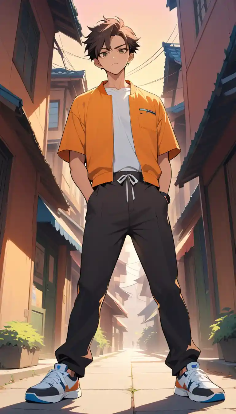 Jovem confiante em estilo anime ao pôr do sol ao ar livre