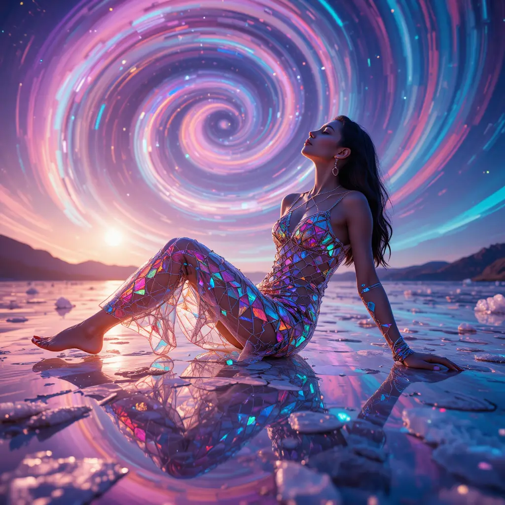 Mujer reclinada con vestido de cristal bajo un cielo de aurora refractada