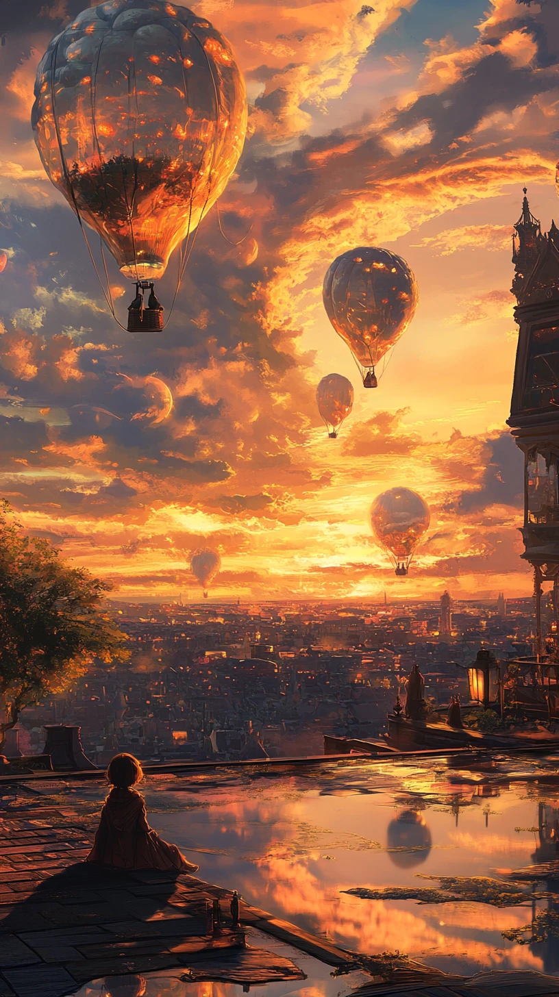 Girl on a rooftop watching balloon birds at sunrise