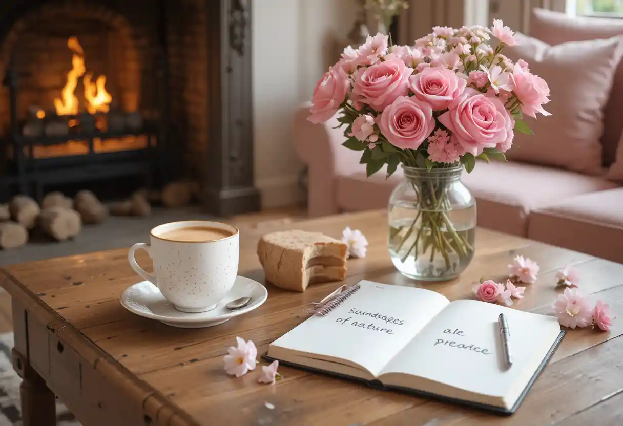 Cena aconchegante de mesa de centro ao lado do sofá com flores e caderno