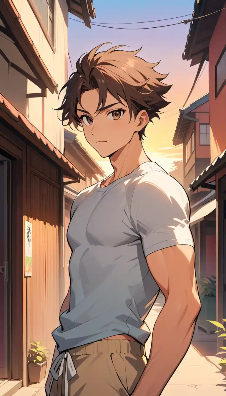 Jovem confiante em estilo anime ao pôr do sol ao ar livre