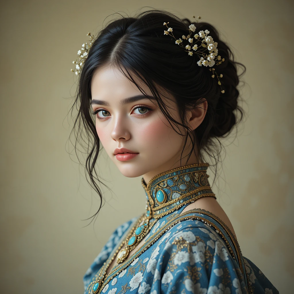 Jeune femme en robe florale ornée aux yeux bleus