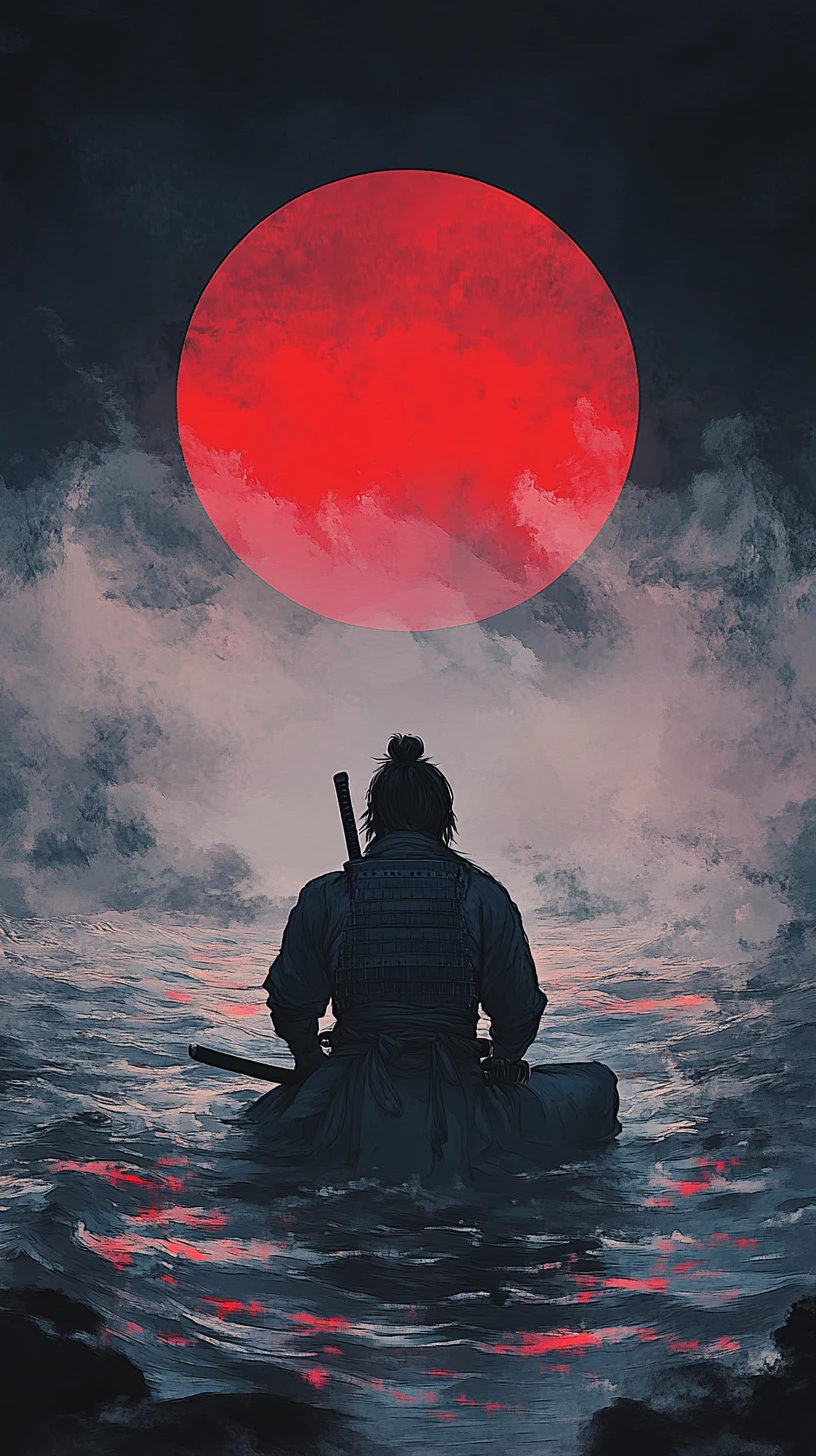 荒波と赤い太陽の前にひざまずく孤高の侍