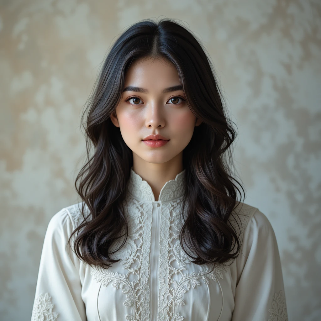 Young woman in white lace blouse against soft wall