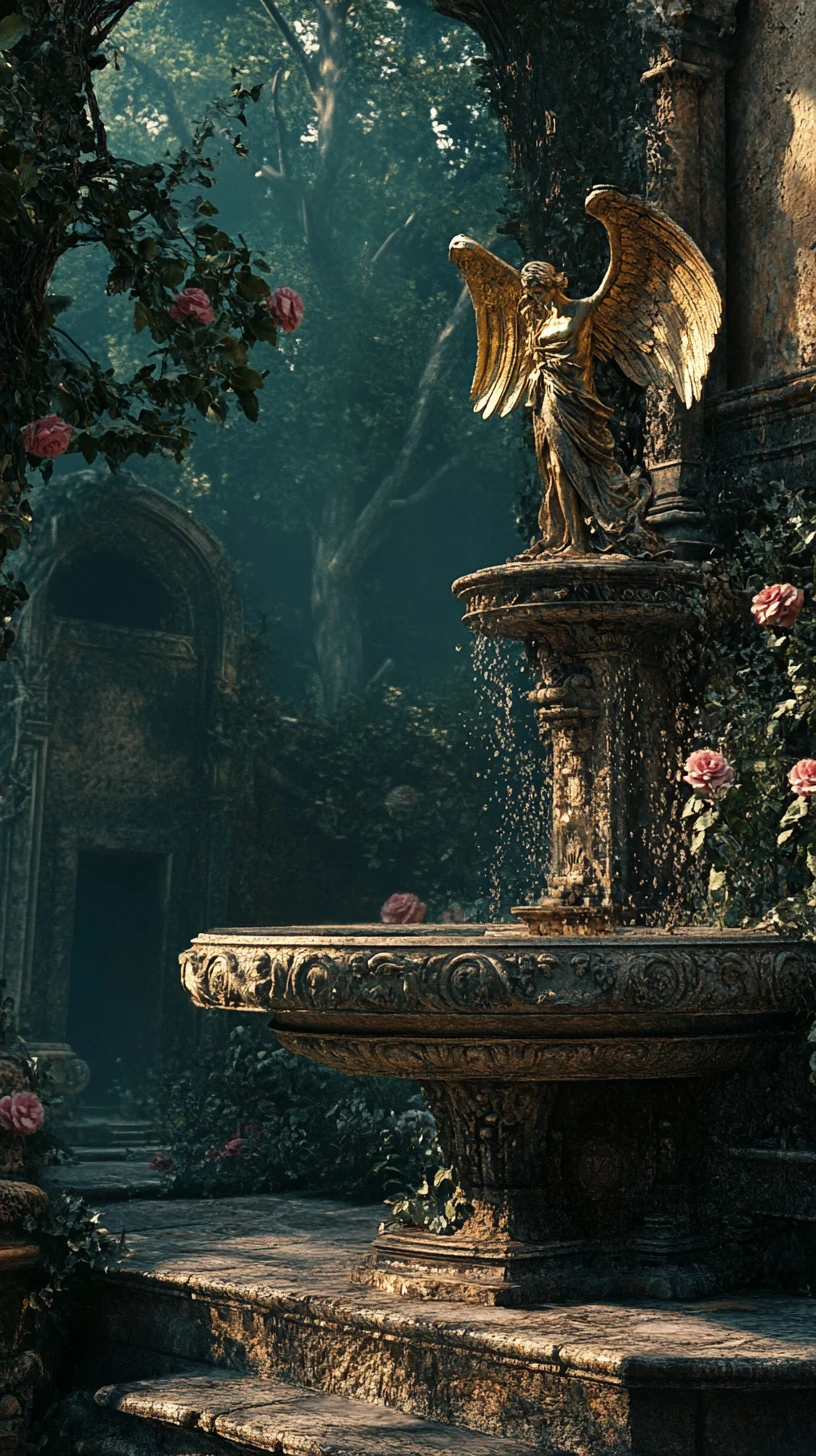 Fontana di pietra ornata e angelo tra rose e cimitero