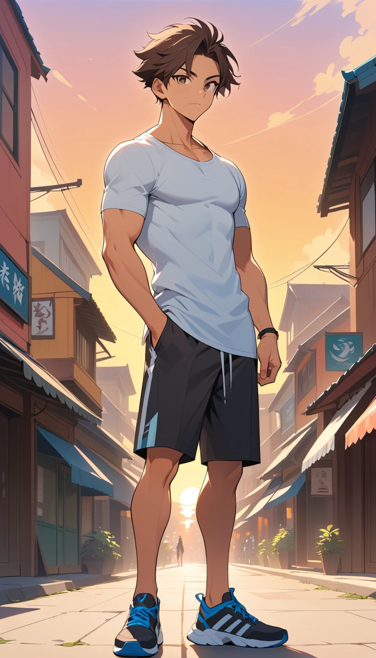 Homem de anime confiante em pé ao ar livre no pôr do sol dourado