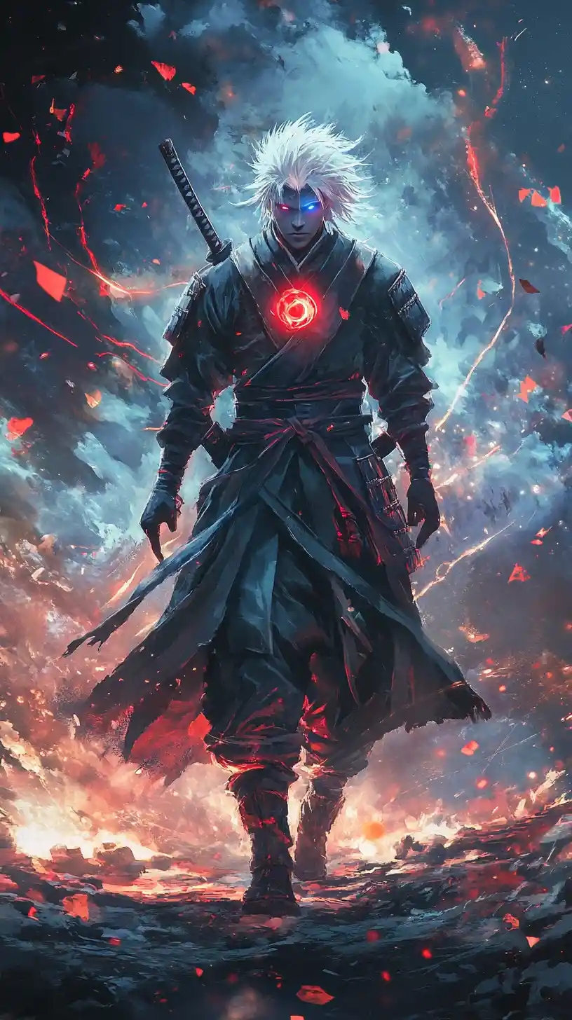 White haired anime warrior glowing with power in darkness