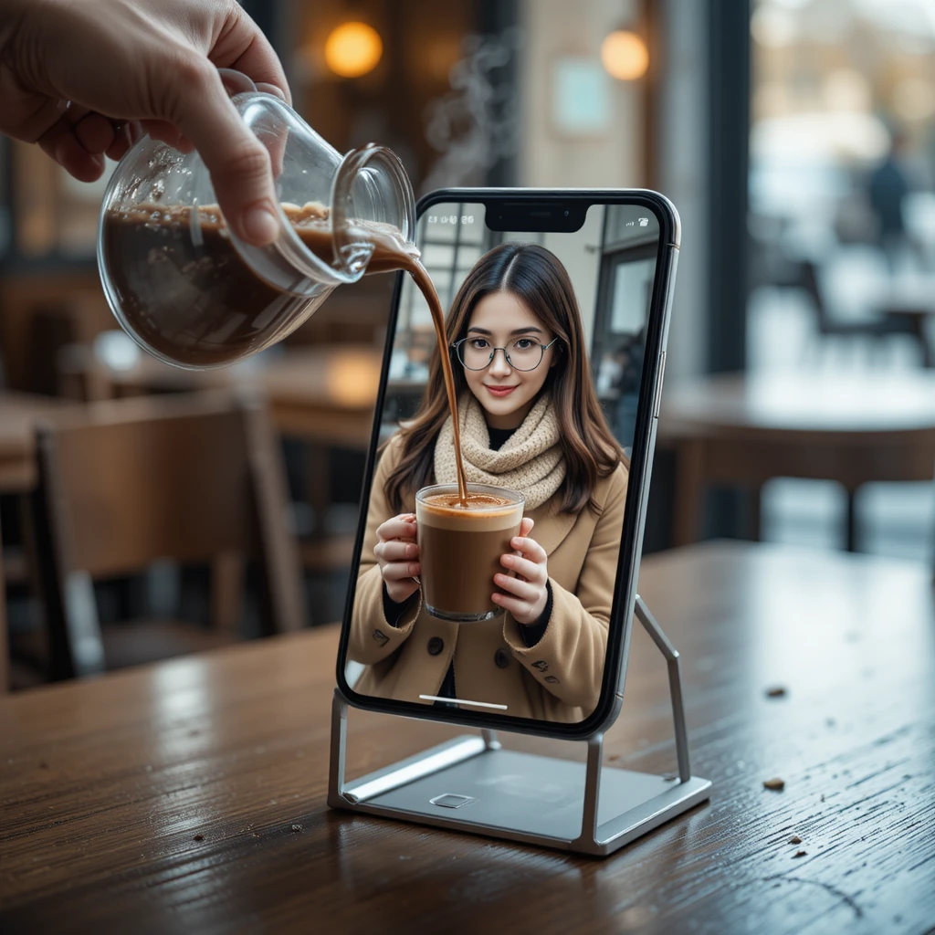 Mulher no smartphone recebendo chocolate quente do mundo real