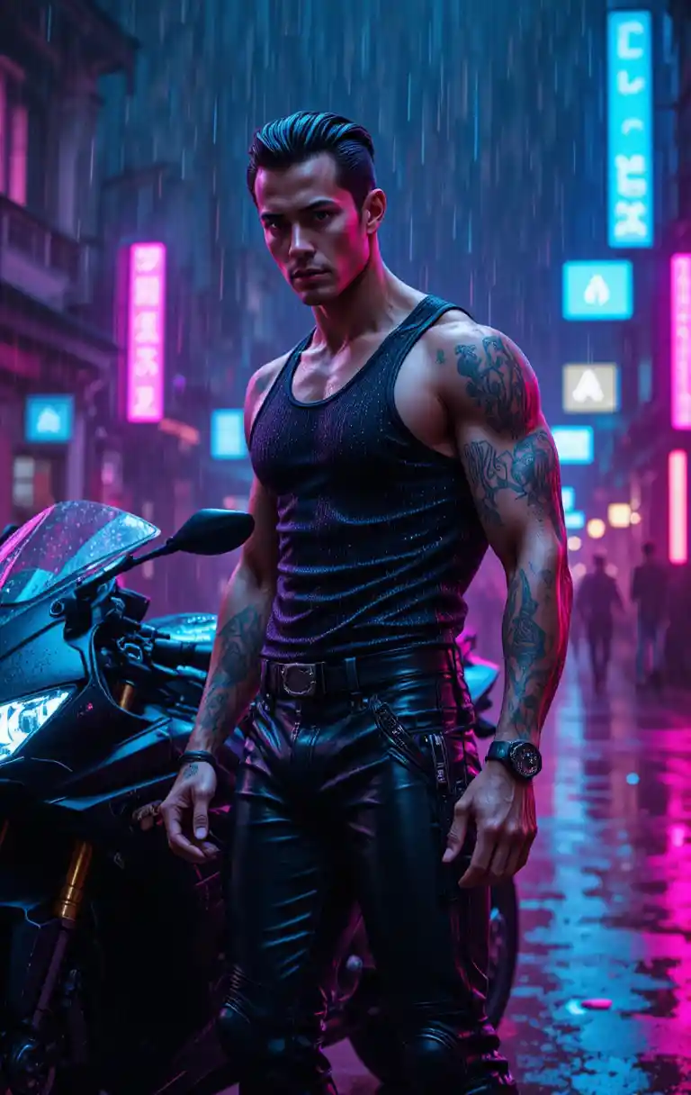 Homme musclé tatoué près d’une moto de sport noire sous une pluie néon