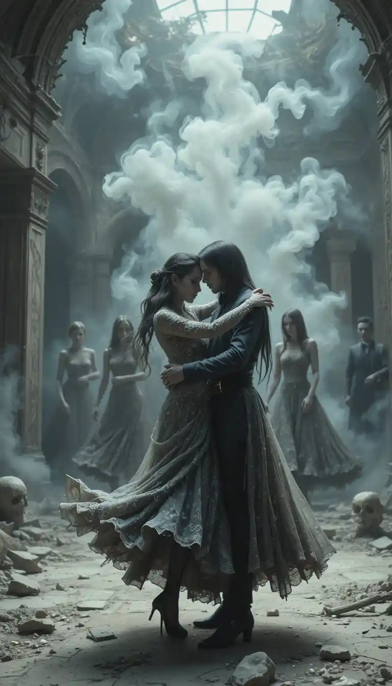 Bailarinos fantasmagóricos em um salão de baile arruinado de obsidiana e ossos