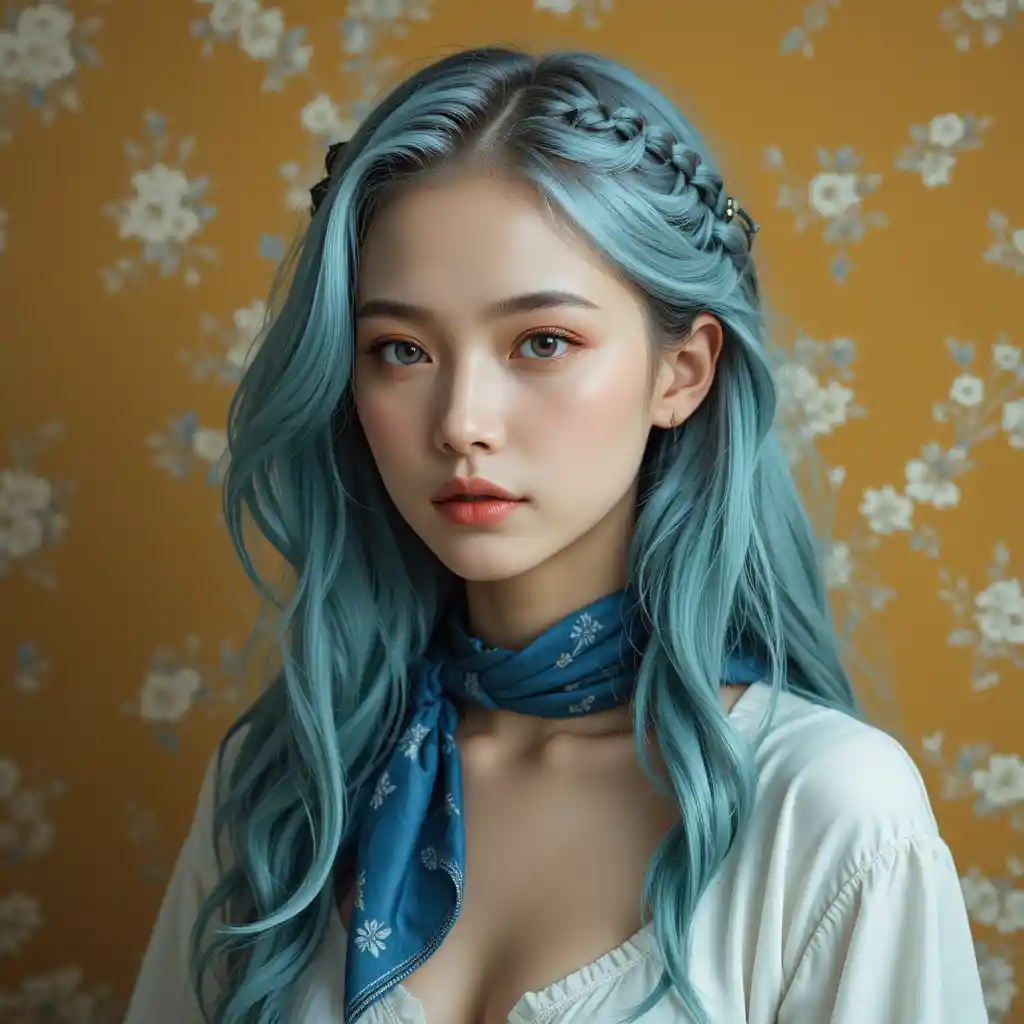 Melancholic girl portrait with teal hair and floral wallpaper