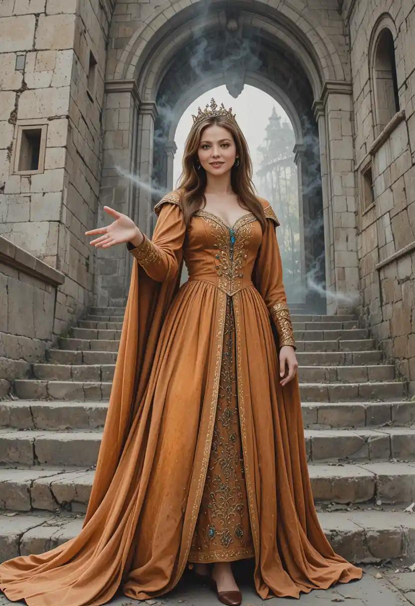 Defiant woman on stone steps before a ruined medieval castle