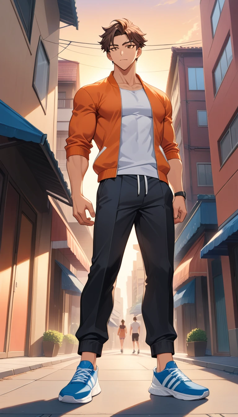 Homem de anime atlético em pé na luz quente do pôr do sol