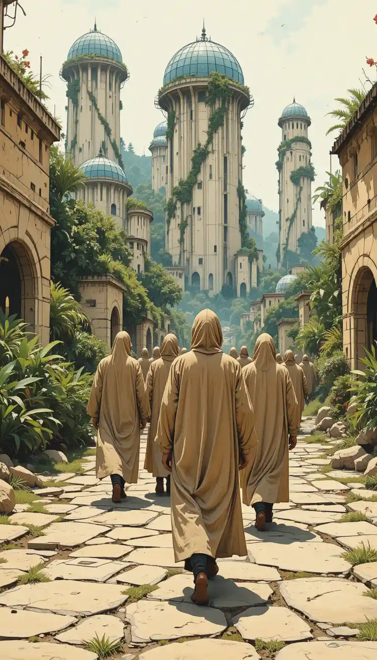 Figuras encapuchadas caminando por una ciudad tropical retrofuturista
