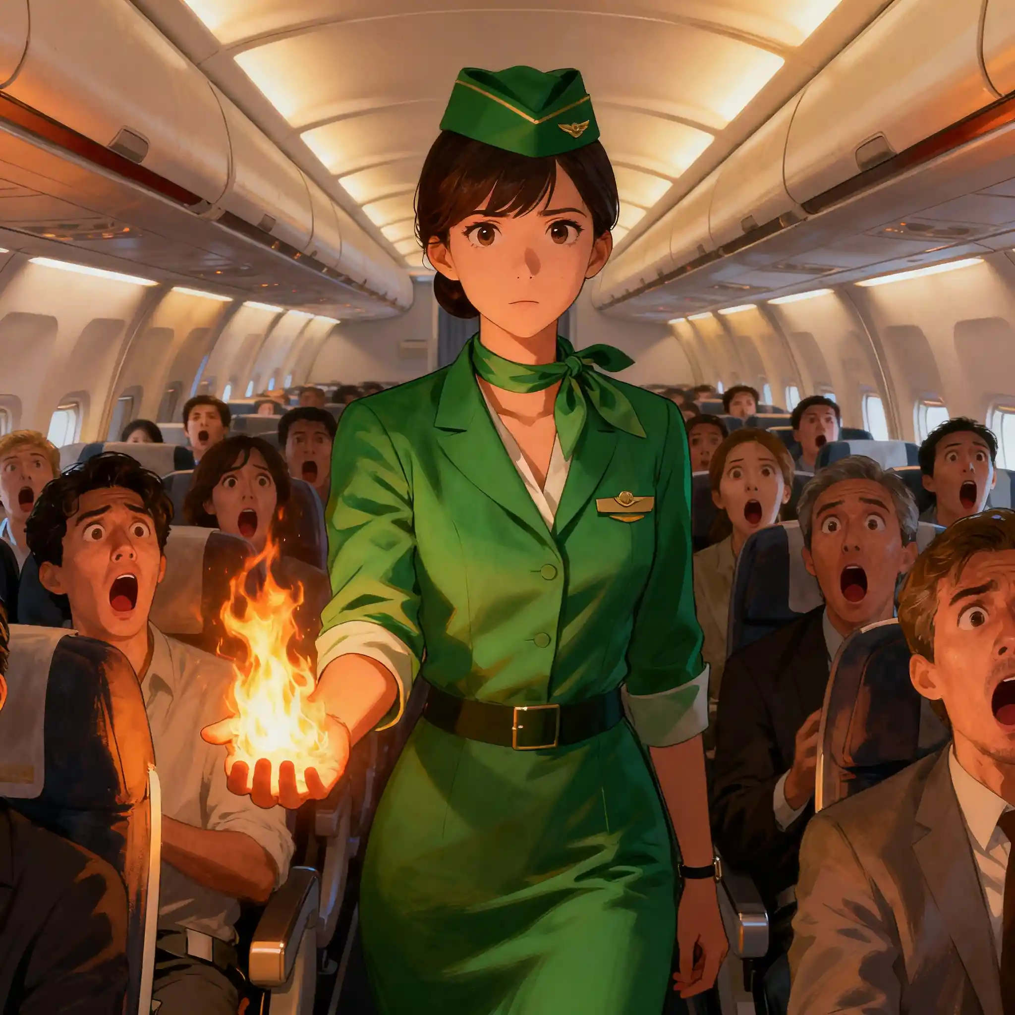 Girl flight attendant holding fire in airplane cabin