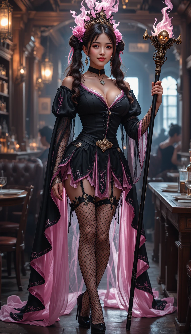 Sorcière coréenne en tenue noire et rose dans une taverne
