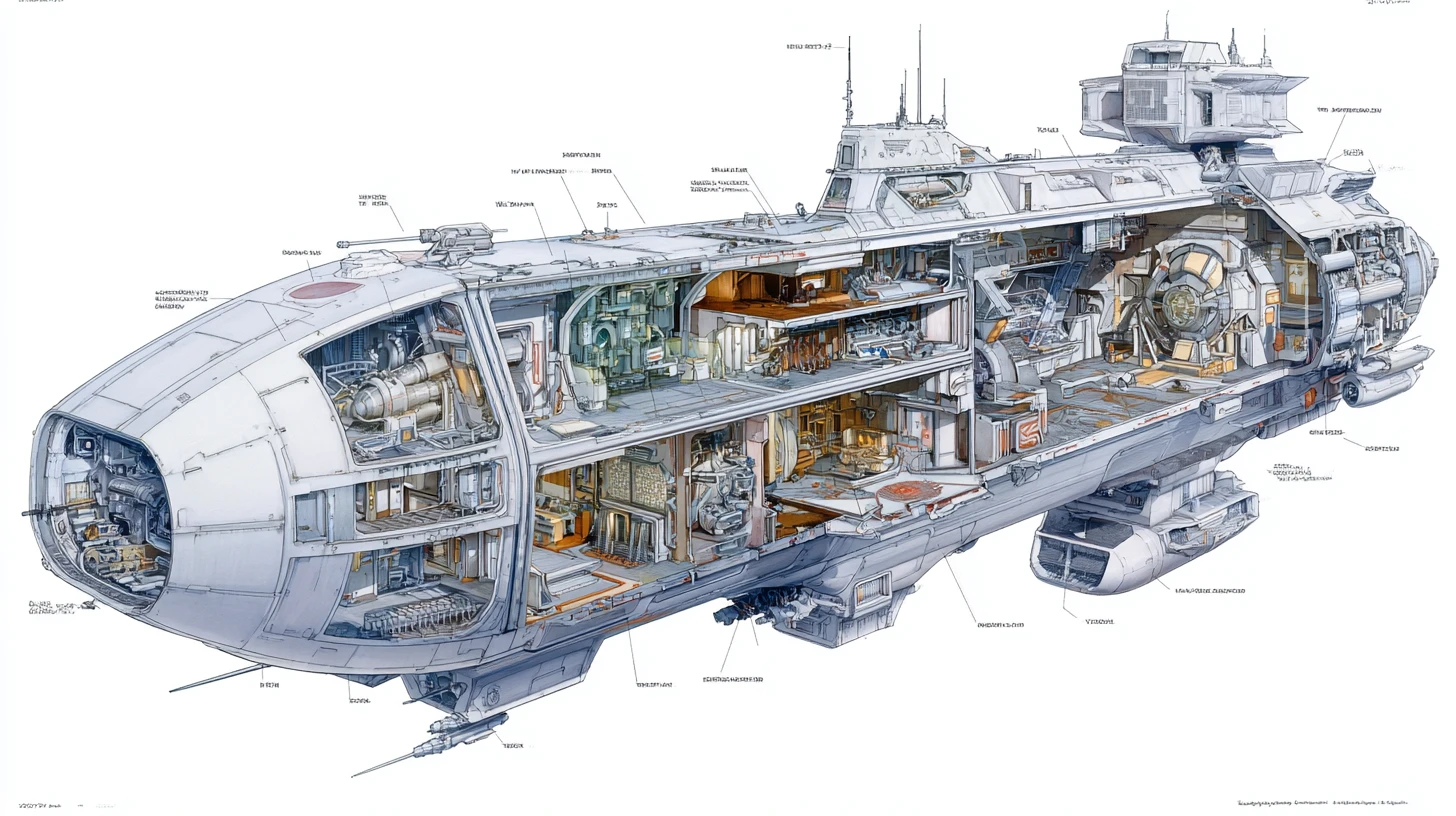 3D cutaway diagram of a massive spaceship interior