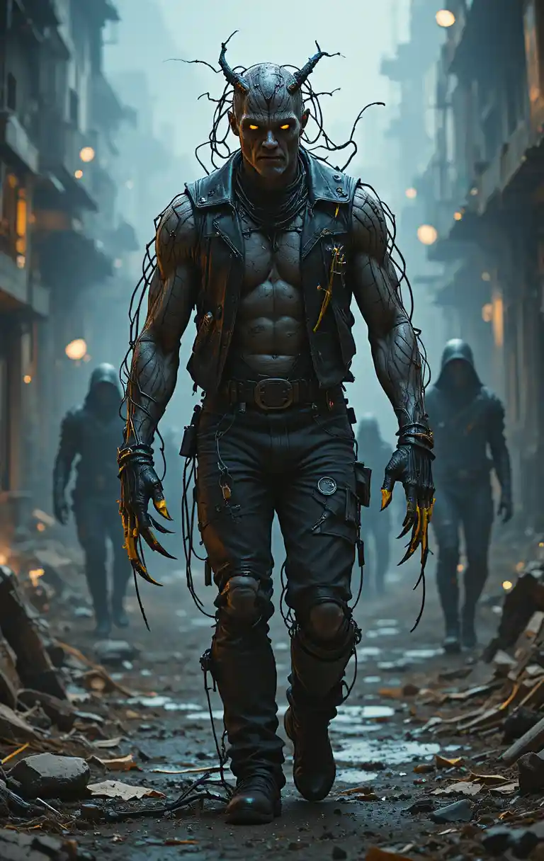 Homme mutant balafré marchant dans une rue dévastée du désert post-apocalyptique