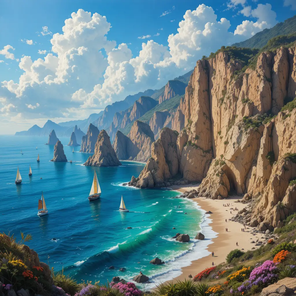 Colorida pintura al óleo de veleros en una costa rocosa