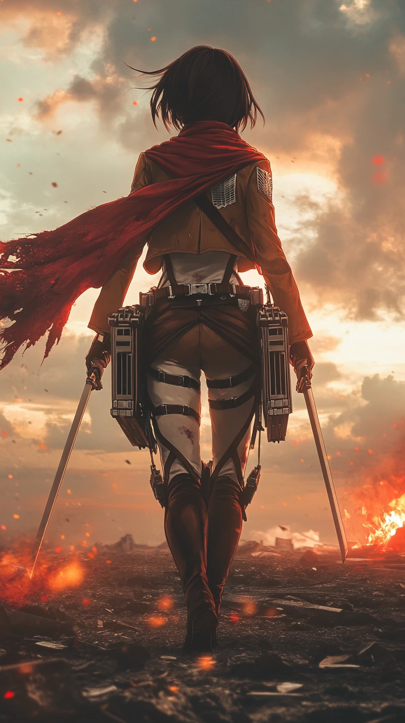 Anime warrior woman walking through burning ruins at dusk