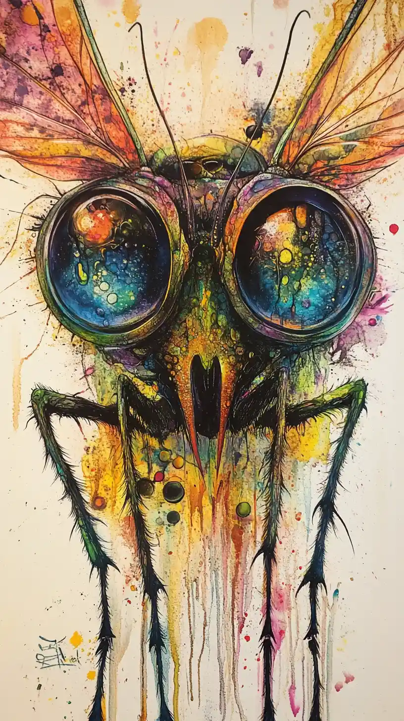 Créature insectoïde surréaliste aux yeux hypnotiques dans des couleurs oniriques