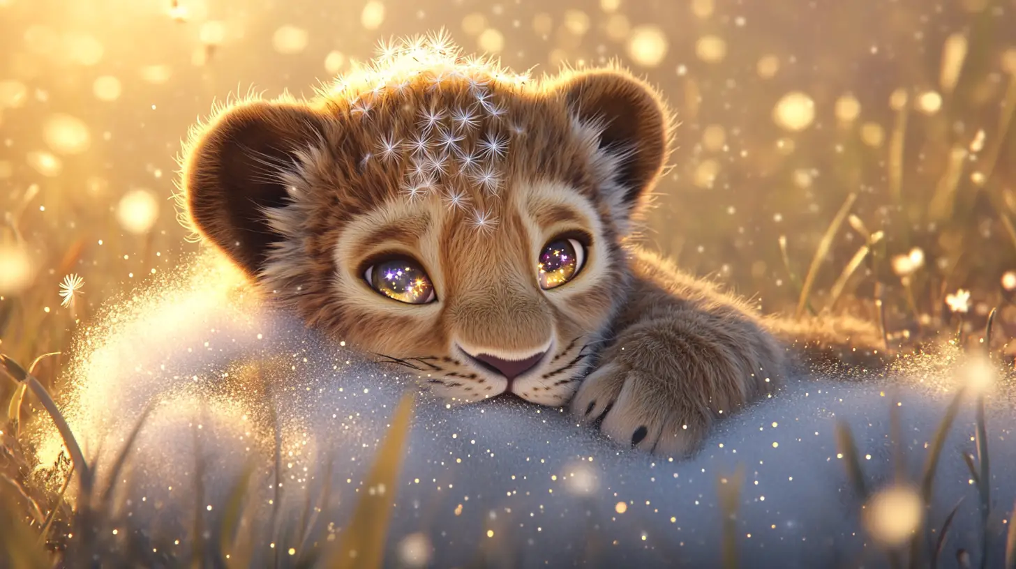 Baby-Löwenjunges ruht auf Pusteblumenwolke im Sonnenaufgang