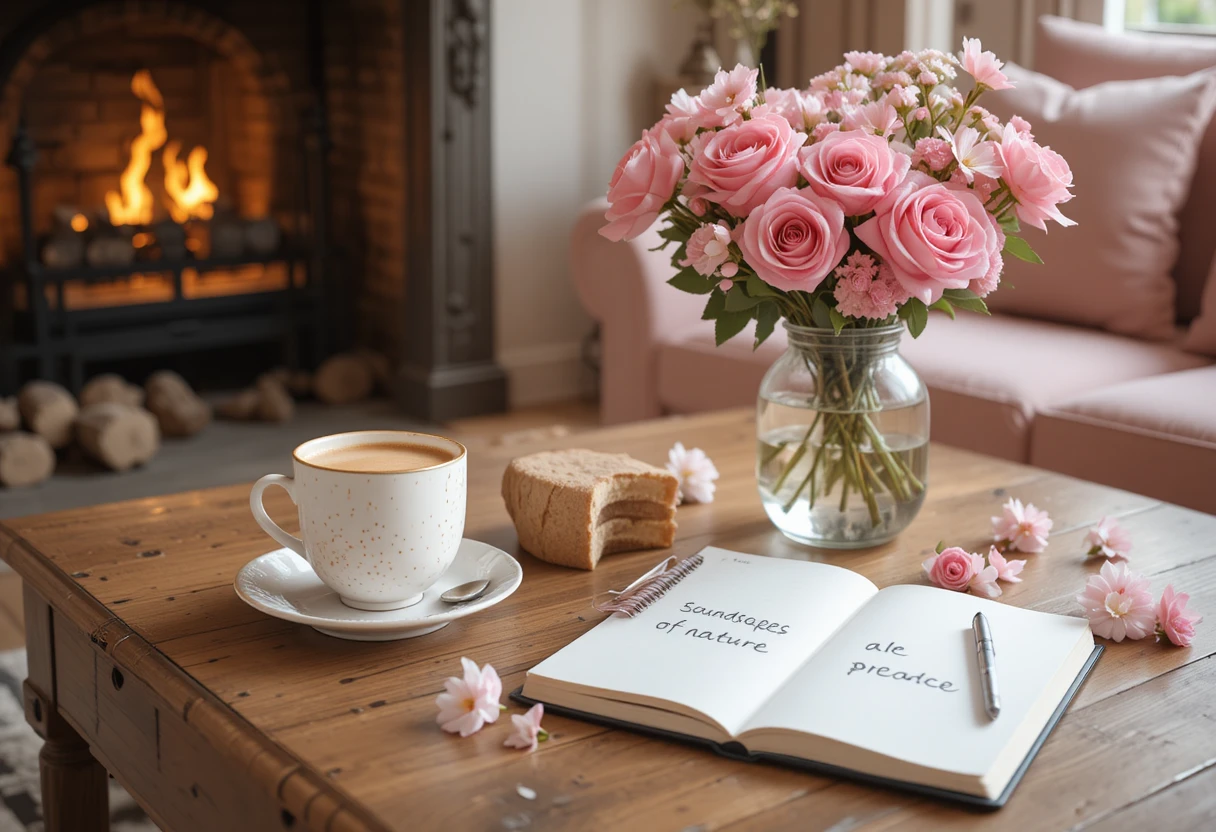 Accogliente scena di tavolino da caffè accanto al divano con fiori e taccuino