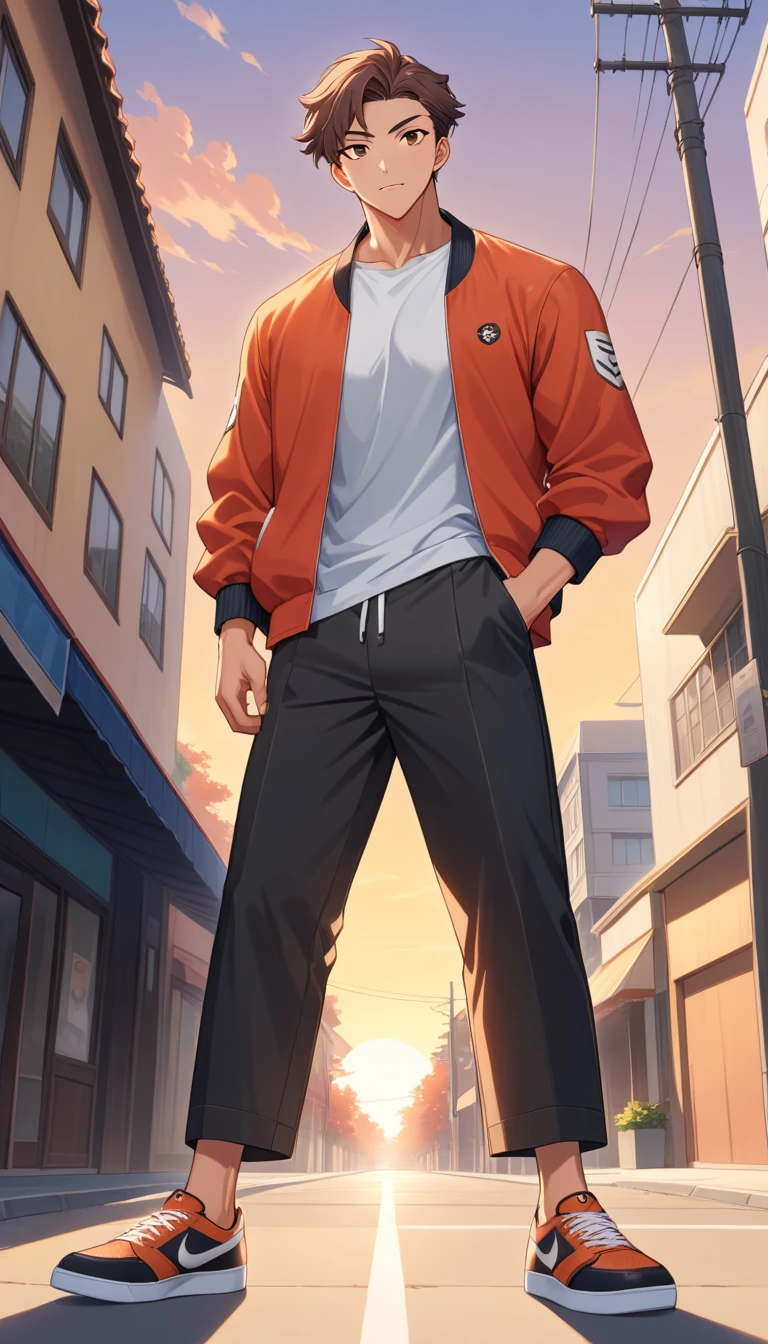 Jovem confiante em estilo anime ao pôr do sol quente