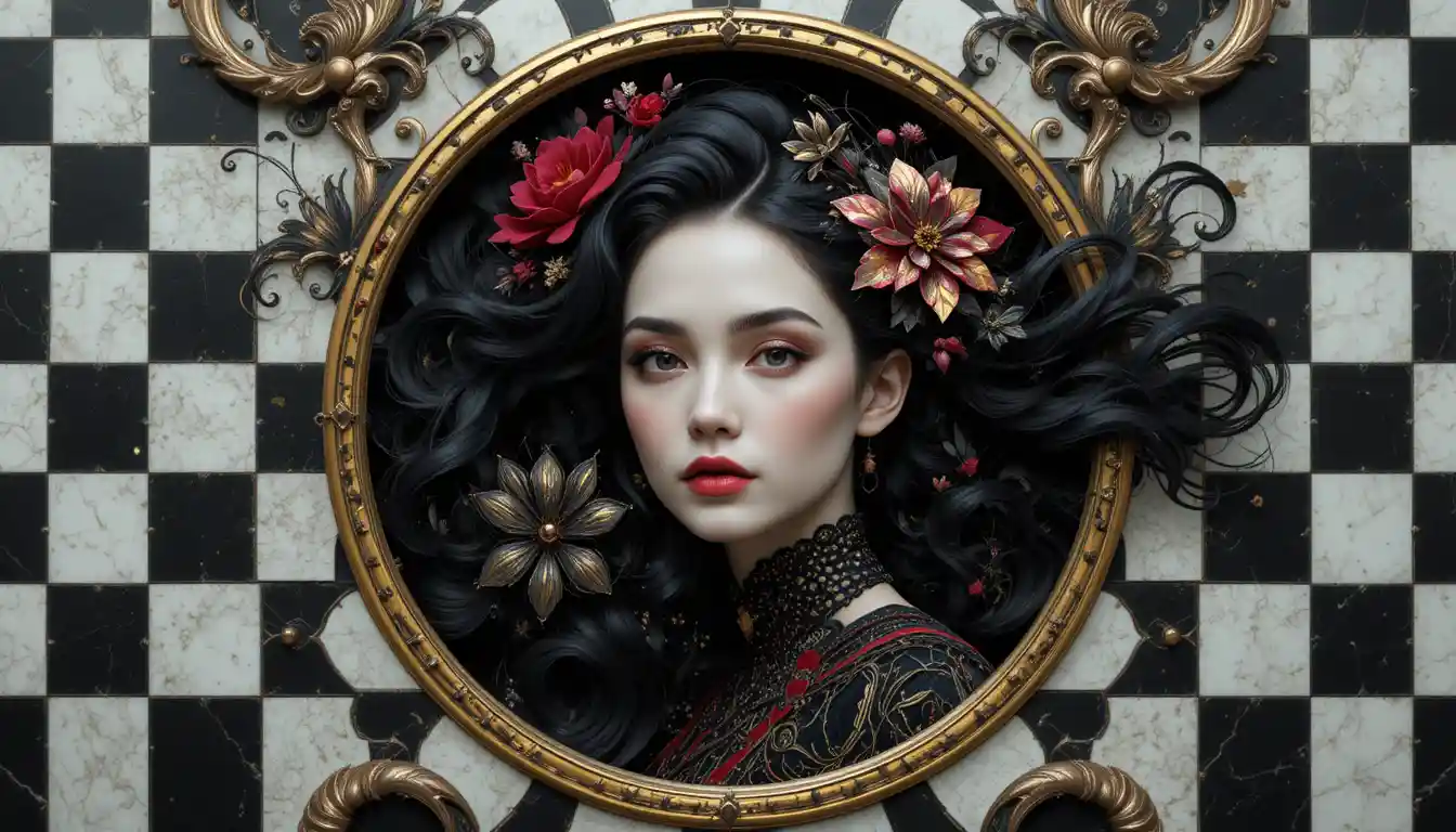 Retrato gótico elegante de mulher com detalhes florais e de circuito