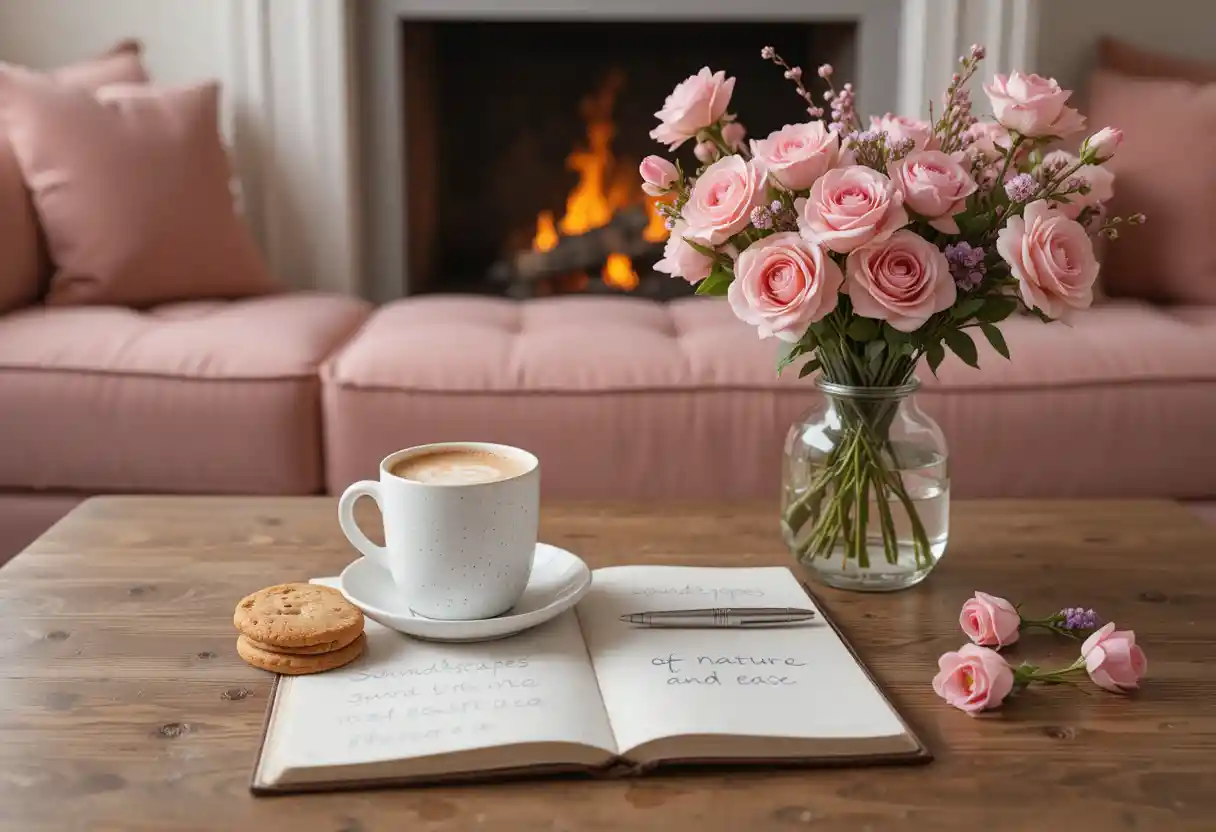Tavolino da caffè accogliente accanto a divano rosa e camino luminoso