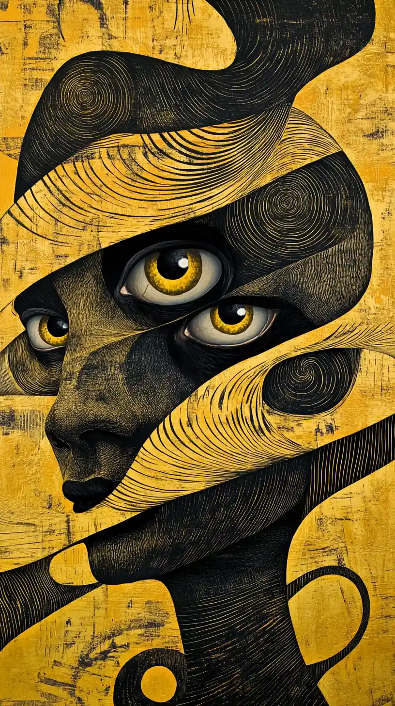 Retrato surreal com olhos gigantes em um sonho de bronze em espiral