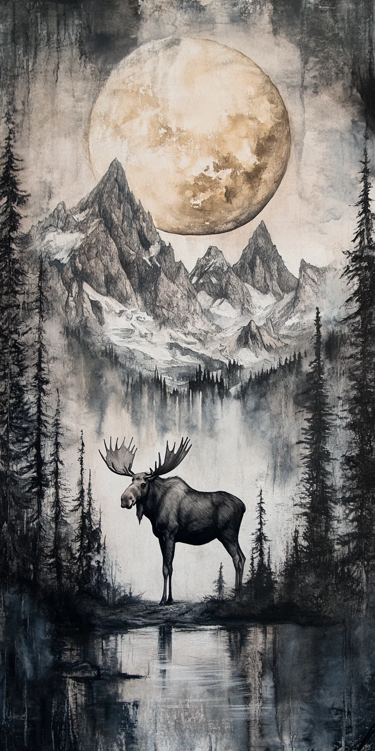 Maestoso alce davanti a montagne illuminate dalla luna ai margini della foresta